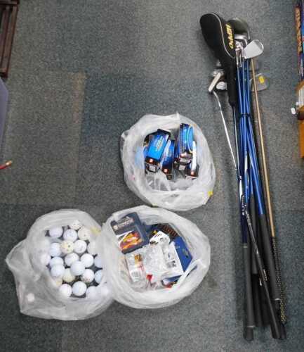 Golf clubs and golf accessories, to include a quantity of golf balls, golf clubs to include...