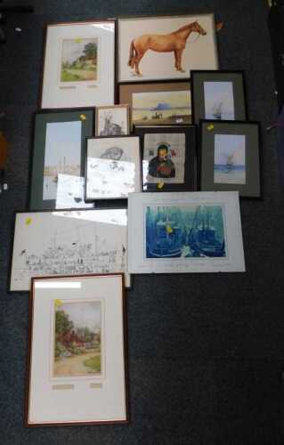 Pictures and prints, to include a cartoon titled Handstand by Beacon, HMS Herald 1930, a harbour...