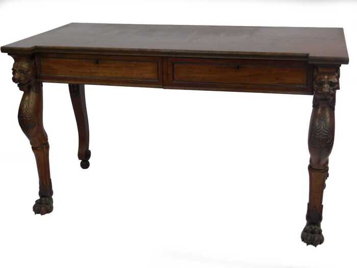 A fine Regency mahogany serving table in the manner of George Smith, with a decoratively figured...