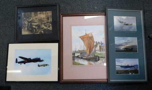 Pictures and prints, to include a watercolour of a river barge by Dave Stanley dated 89, a...