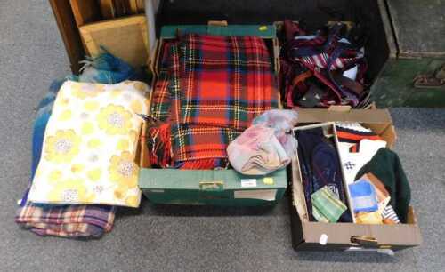 Textiles, to include a cricket jumper, hat, various handkerchiefs, blankets, and a quantity of...