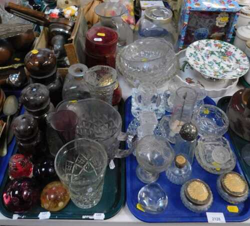 Glassware, to include storage jars, decanter, milk bottle, dump weights, perfume pots, powder...
