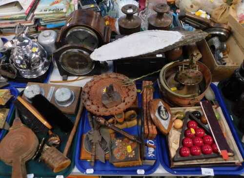 Treen and household items, to include lamp bases, small needlework box, barometer, meat mincer,...