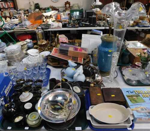 Metalware and ceramics, including teapots, cups, cake plates, bowls, trays, a coffee pot, bird...