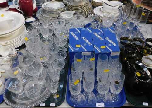 Glassware, including cut glass wine glasses, sherry glasses, brandy glasses, hot toddy glasses,...