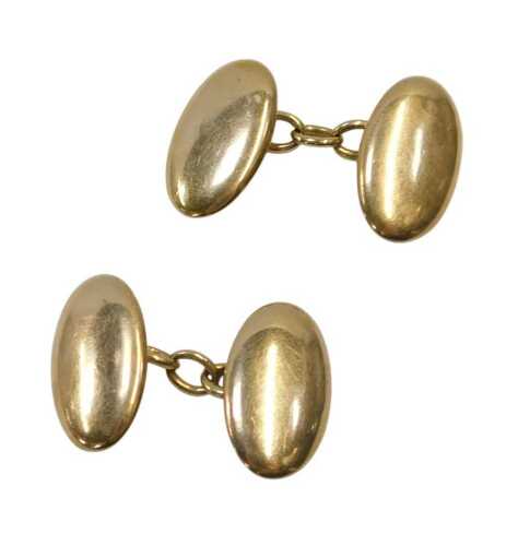 A pair of 15ct gold oval and chain link cufflinks, Chester, rubbed marks, possibly 1896, 6.2g...