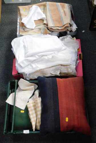 Textiles, including cushions, blankets, tea towels, etc. (3 boxes, under one table)