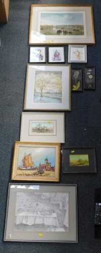 Pictures and prints, including two depicting a Scottish Clansman, a framed print of a Butterfly...