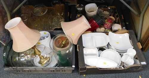 Ceramics and glassware, including white cookware, mugs, coffee pots, storage jars, glass vases,...