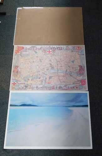 Pictures and prints, to include two prints, one of London, one of a beach scene, within one...