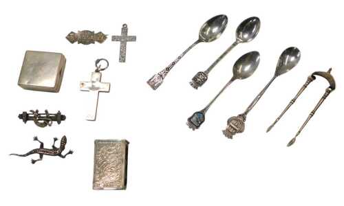 A collection of silver and white metal, including a small silver compact (AF), a Scottish silver...