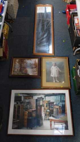 Pictures, prints and mirrors, to include a large pine framed rectangular mirror, a woodland...