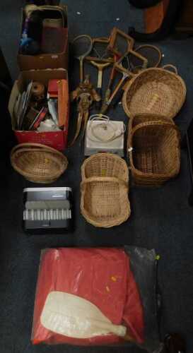 Household items, to include wicker baskets, a Jenny Haniver dried modified carcass of a Ray, a...