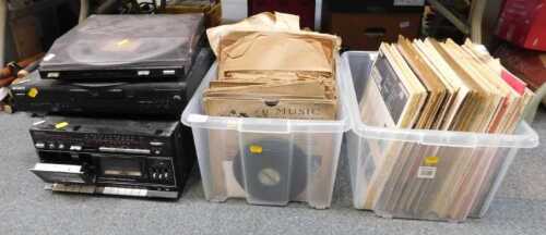 Audio equipment and LP records, including a Sanyo turntable, Sony CD player, Sanyo twin-tape...