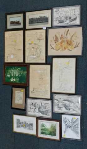Pictures and prints, including landscape scenes, a pressed flower scene, maps and photographs,...