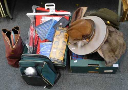 Textiles, including hats, bags, blankets, etc, together with a Vacco flask (boxed), backpacks,...