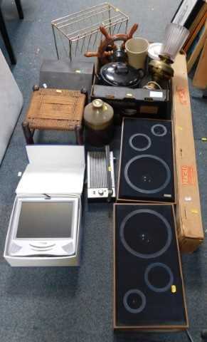 Household items, including a Philips transistor radio, pair of speakers, a large projector...