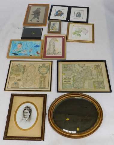 Pictures and prints, to include a picture of three penguins, a picture of humans leaning, a...