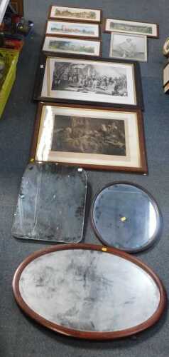 Pictures, prints, and mirrors, to include two large monochrome naval prints, a portrait of a...