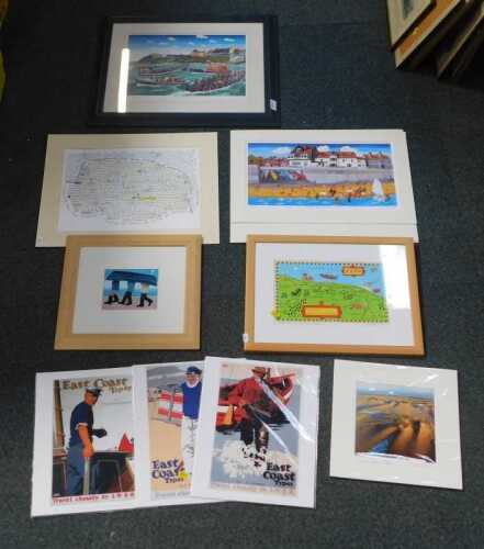Pictures and prints, including three Brian Lewis prints, one titled Sheringham Lifeboats, framed,...