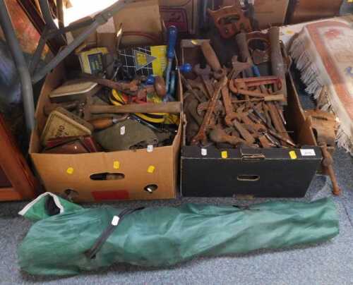 Hand tools, to include drills, hammers, spanners, saws, etc. (2 boxes, under 1 table)