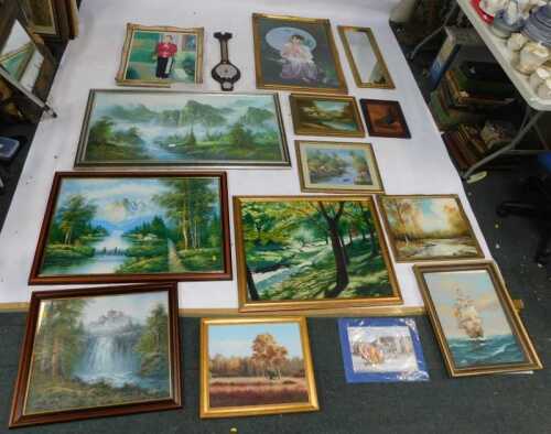 Pictures, prints, etc., to include a large oil on canvas of a lady standing outside in garden,...