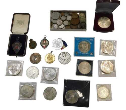 Various coins, including commemorative crowns, pre decimal currency, silver sixpences, silver...