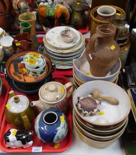 Household ceramics, to include large circular cooking vessels, Chinese themed pin cushion,...