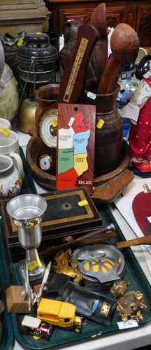 Household items, to include a cash tin, goblet, cocktail sticks, darts, an AA members badge,...