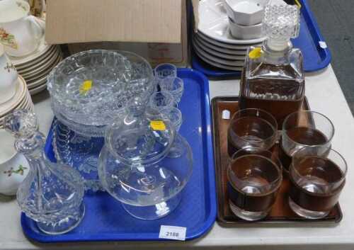 Glassware, to include a decanter and glasses set, with coasting mats, cut glass sherry glasses,...