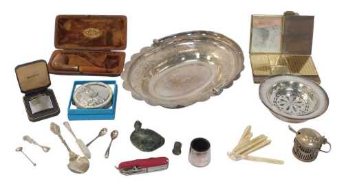 Silver-plated items, including Shaw Savill Line dish, cruet pieces, Inuit dressing table box by...