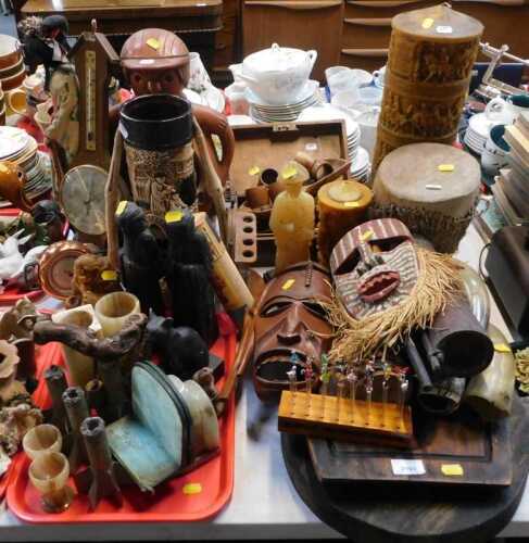 Tribal items, including, horns, scrimshaw resin horn, face mask, drums, napkin rings, large...