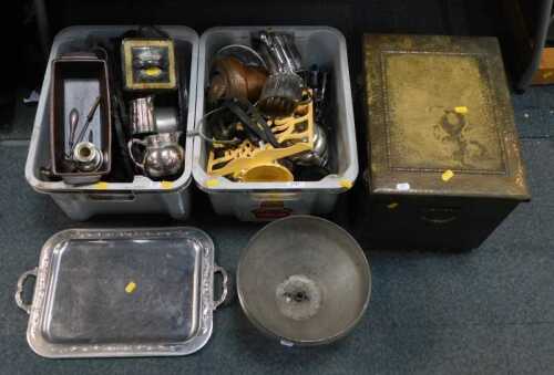 Metalwares, including a brass-finished log bin, a white metal bowl on a stand, white metal trays,...