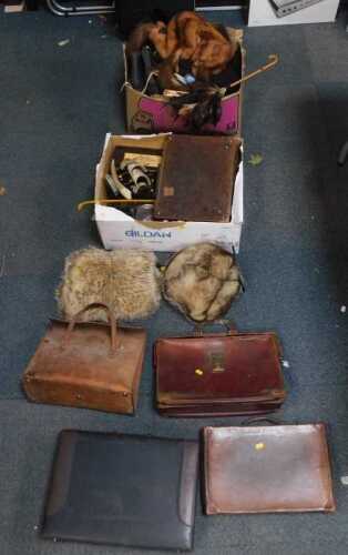 Bags and textiles, to include a leather bag, a small leather briefcase, three leather satchels,...