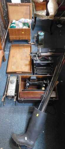 Household items, to include a Singer sewing machine, boxed, a manual typewriter, a fryer iron...