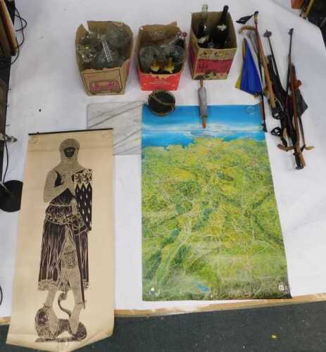 Two tubes containing posters, shooting sticks, umbrellas, glassware to include large bottles,...