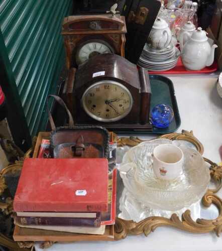 Miscellaneous household items, to include two wooden cased mantel clocks, one Roman numerals to...