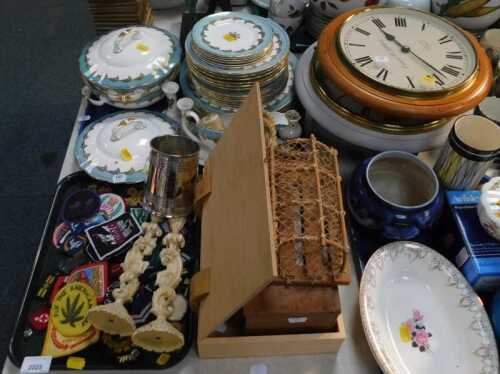 Household items, to include embroidered patchwork patches, two resin candlesticks, a block...