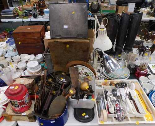 Metalware, to include spirit burner, fixings and fittings, large bell, keys, sugar nips, coal...