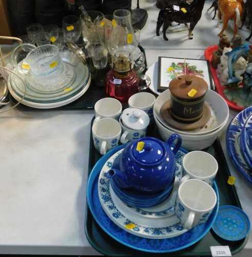 Household ceramics and glassware, to include florally decorated blue and white cups, saucers,...