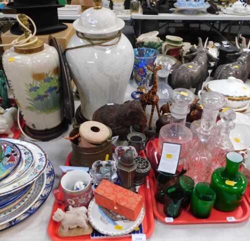 Household ceramics and glassware, to include two large table lamps, carved wooden elephant,...