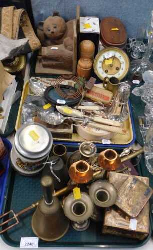 Metalware and household items, to include camera sticks, brass and white metal, a bell, toasting...
