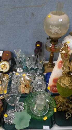 Glassware, to include large conical shaped glasses, small etched glasses, vases, coloured...