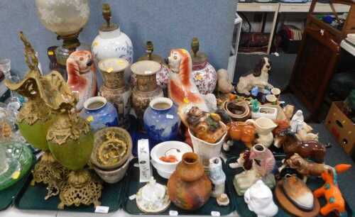 Ceramics and household wares, to include two green and gilt finished ewers, decorative, pair of...
