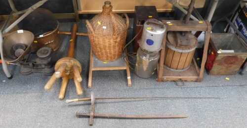 Brass and metalware, to include cast iron based set of scales, with weights, a helmet coal...