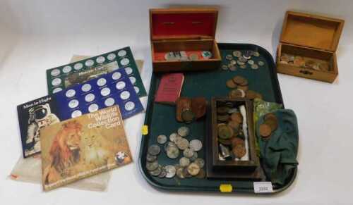 British coinage and commemorative coinage, money box, small wooden box containing small flask...