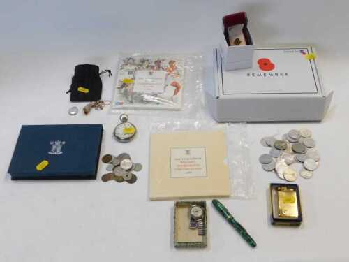 Costume jewellery, coins, etc., to include a 100 Year commemorative Royal British Legion 100 pin...