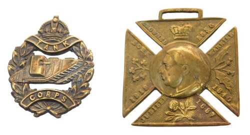 Two badges, comprising a Tank Corps crest, 3.5cm high, and a Jubilee 1887 cross, 4cm diameter.