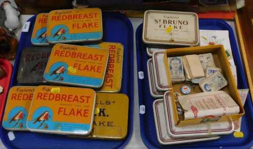 Tins and cigarette cards, a quantity of Bruno and Red Breast Flake tins, loose stamps, and two...