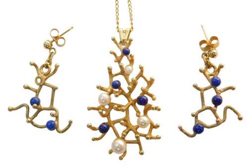 A 9ct gold abstract West German pendant and earring set, the pendant of brushed design, set with...